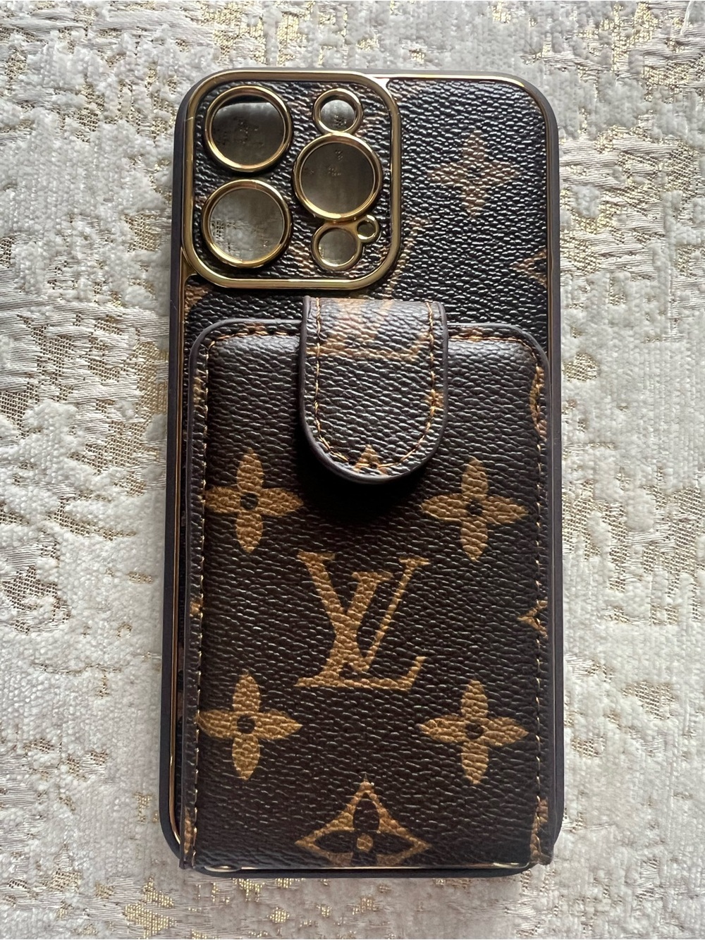 Louis Vuitton Monogram Brown Leather Card Pocket Phone Case with Gold Trim